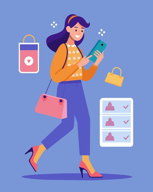 Un entusiasta de la moda usando una aplicación de comparación de precios para encontrar los bolsos de diseño más asequibles