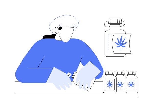 Envasado y etiquetado de marihuana médica concepto abstracto ilustración vectorial trabajador de laboratorio envasado legalizado cannabis para fines médicos industria farmacéutica metáfora abstracta