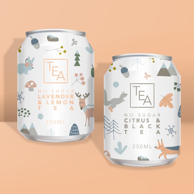 Envasado de jugos, refrescos, latas de té o café, diseño minimalista de animales del bosque de invierno