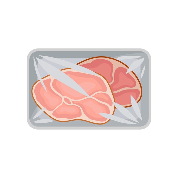 Vector envase de bandeja de plástico de alimentos de embalaje de carne de cerdo fresca con vector de cubierta de celofán transparente ilustración aislada sobre fondo blanco