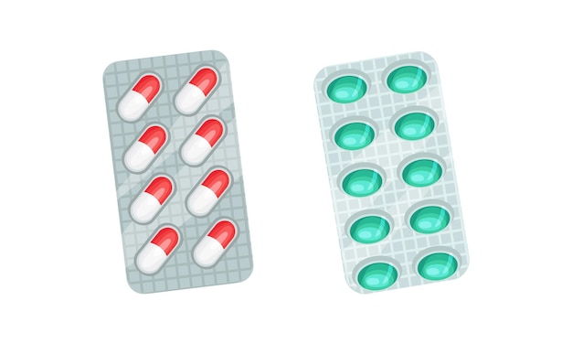 Envase en blister con comprimido o pastilla como conjunto vectorial de medicamentos farmacéuticos