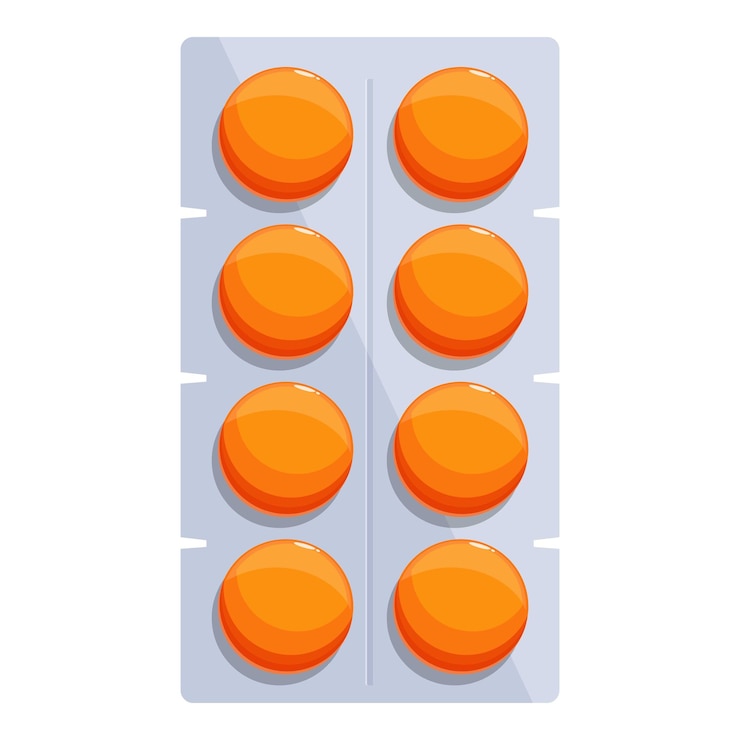 Vector envase en blister que contiene pastillas redondas de color naranja