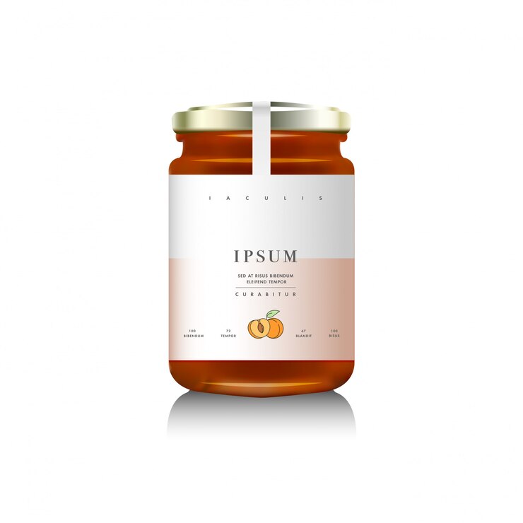 Envase de botella de vidrio realista para diseño de mermelada de frutas. Mermelada de albaricoque con etiqueta de diseño, tipografía, albaricoques de dibujo lineal.