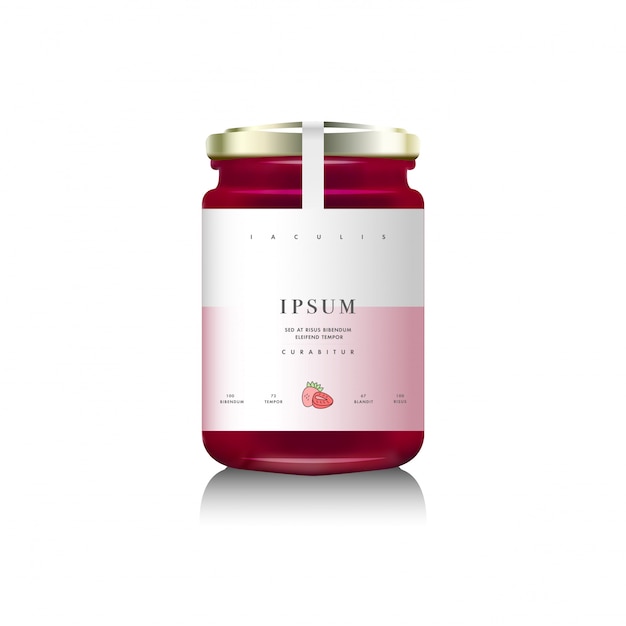Envase de botella de vidrio realista para mermelada de frutas. Frambuesa o mermelada de fresa con etiqueta de diseño, tipografía, icono de línea de fresa.