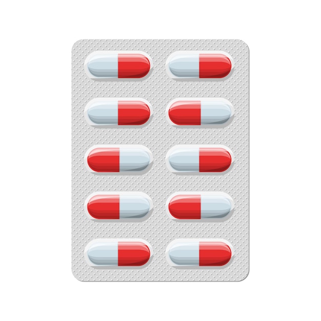 Envase de pastillas para el tratamiento de enfermedades y dolores. icono de blister con pastillas o cápsulas. un paquete de medicamentos para pastillas: vitamina, antibiótico, aspirina. símbolo de farmacia y drogas ilustración vectorial