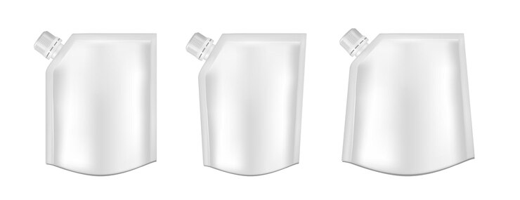 Vector envase de plástico vacío blanco con tapa bolsita de papel de aluminio en blanco para comida o bebida