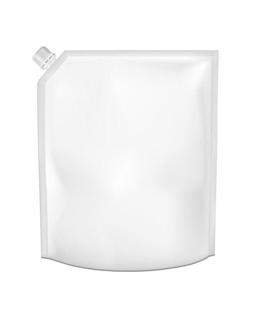Envase de plástico vacío blanco con tapa Bolsita de papel de aluminio en blanco para comida o bebida