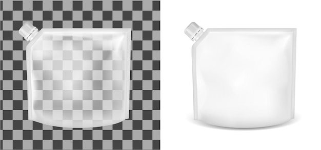 Envase de plástico vacío transparente con tapa Bolsita de papel de aluminio en blanco para comida o bebida