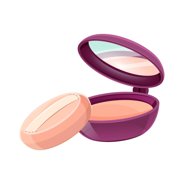 Envase de polvo compacto abierto y redondo para la aplicación de maquillaje sobre un fondo blanco