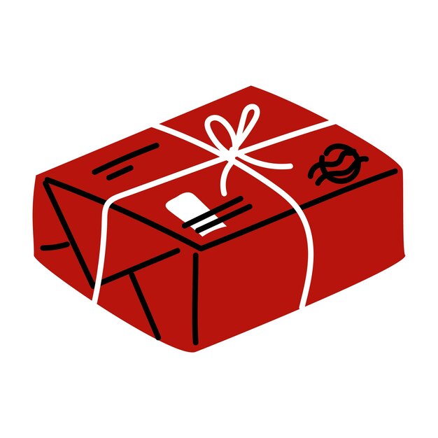 Envase postal de regalo de estilo plano en colores rojo negro elemento aislado Una caja enviada por correo como sellos