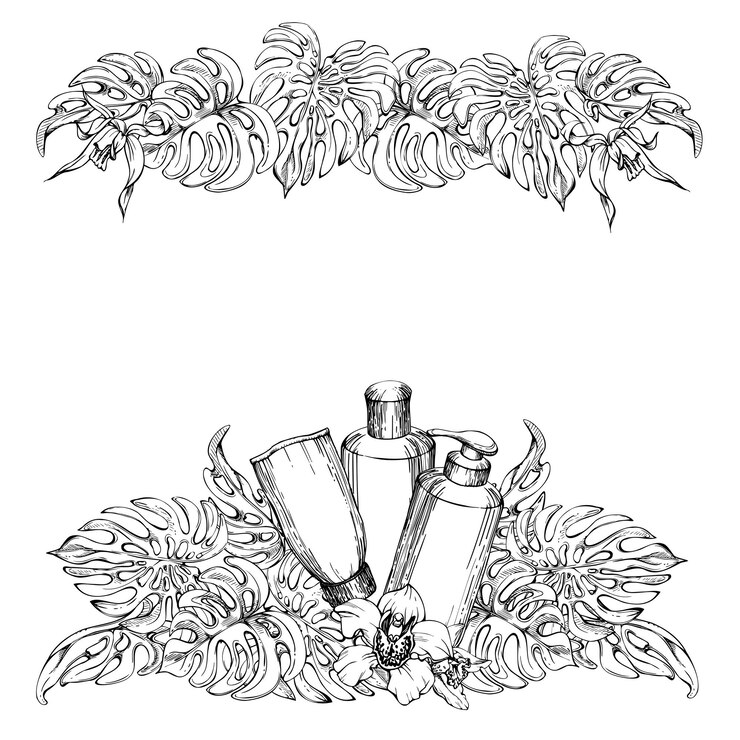 Vector envase de productos de belleza para el cuidado de la piel de spa con flores y hojas frame border isolado sobre fondo blanco diseño para resorts de bienestar impresión de tela folleto de tarjeta de portada