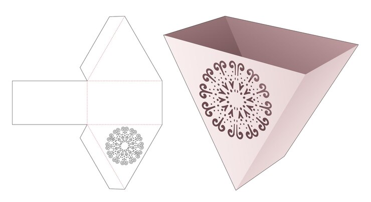 Vector envase triangular de cartón frito francés con plantilla troquelada de mandala circular estarcida