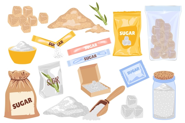 Envases de azúcar con diseño gráfico plano Colección de elementos de azúcar marrón y blanco natural en polvo y cubos palos dulces taza cuchara bolsa botella bolsa otro embalaje de almacenamiento Ilustración vectorial
