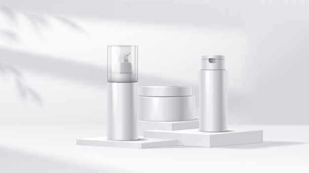 Envases en blanco de cosméticos en el podio en la ilustración de la sombra