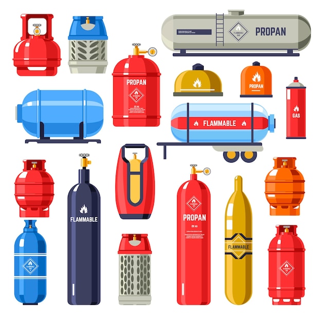 Envases cilíndricos y metálicos con gas y petróleo. Sustancia química utilizada para cargar vehículos, almacenamiento de combustible en porciones con fines dométricos e industriales. Vector en la ilustración de estilo plano