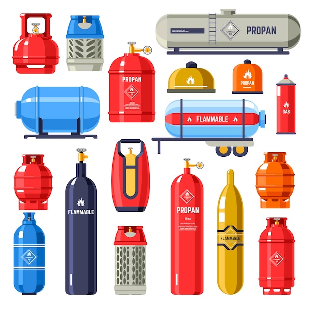 Envases cilíndricos y metálicos con gas y petróleo. sustancia química utilizada para cargar vehículos, almacenamiento de combustible en porciones con fines dométricos e industriales. vector en la ilustración de estilo plano