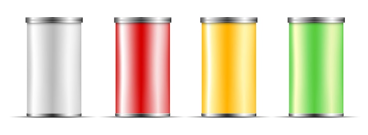 Vector envases de color para bocadillos, chips de alimentos, azúcar y especias.
