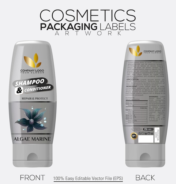 Envases de cosméticos Shampoo y acondicionador Mockup de botella con sabor a algas marinas