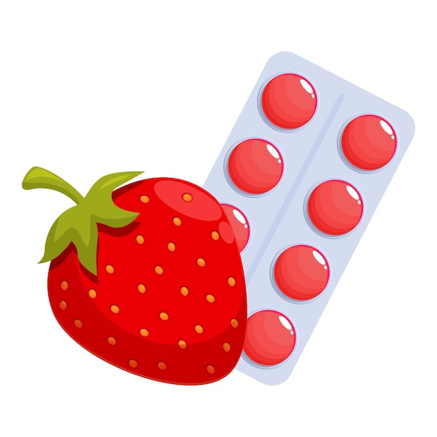 Envases de fresa madura y blister que representan suplementos vitamínicos