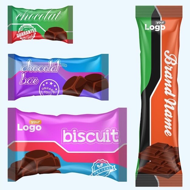 Vector envases de galletas de chocolate y barras de chocolate envases de biscoitos patatas fritas diseño del embalaje