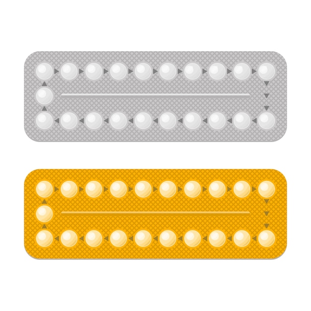Envases de píldoras anticonceptivas y anticonceptivas hormonales. mujeres que planean embarazo anticoncepción oral. conjunto realista monocromo y colorido aislado de farmacia