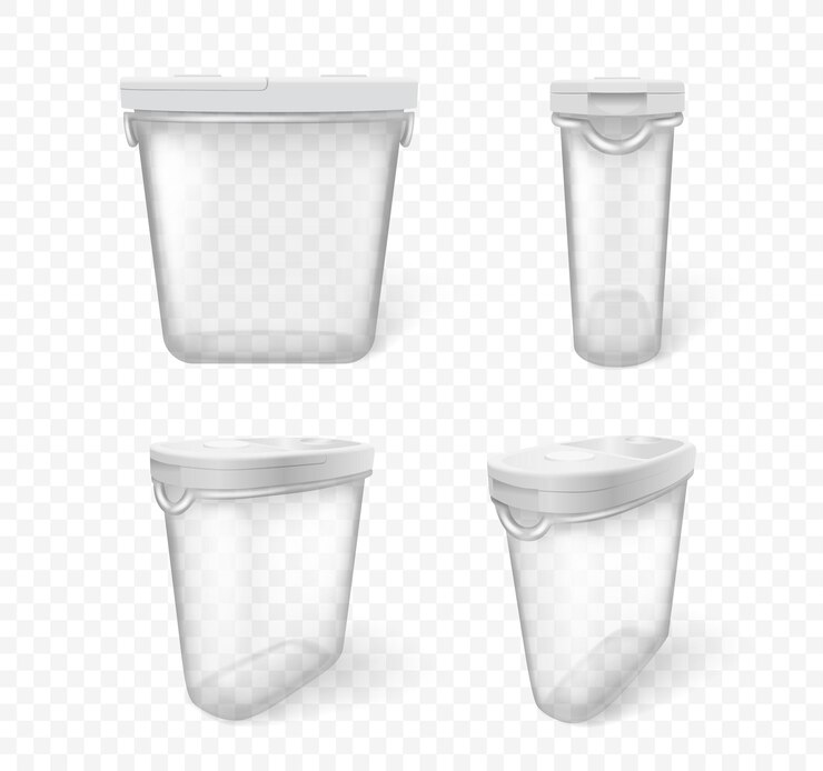 Vector envases de plástico para comida realista transparente con tapa blanca.