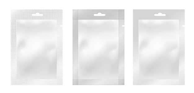 Envases de plástico vacíos blancos Papel de aluminio o bolsita de plástico para alimentos o medicamentos