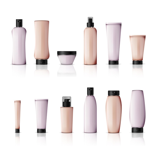 Vector envases y tubos de crema cosmética para crema, loción, champú, gel, bálsamo, acondicionador, spray