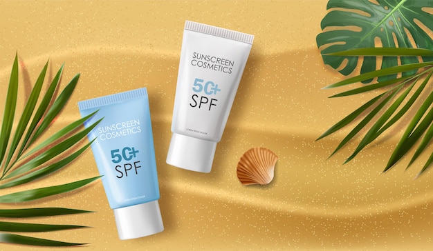 Envases vectoriales de productos cosméticos con spf de diseño tropical