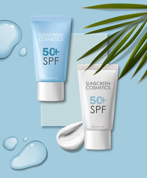 Envases vectoriales de productos cosméticos con SPF de diseño tropical