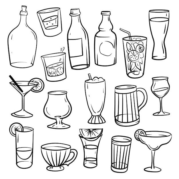 Vector envases de vidrio para bebidas ilustración en estilo de boceto de garabato