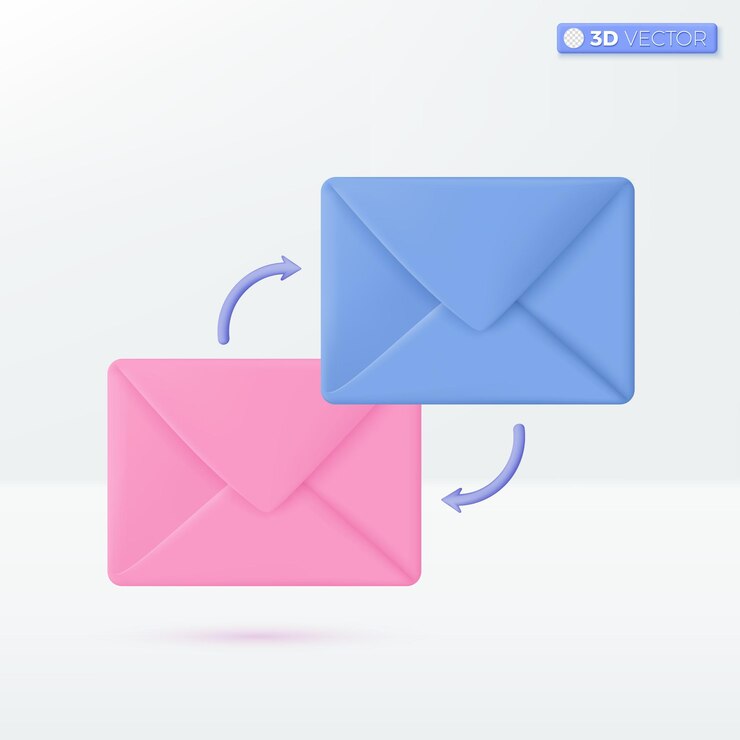 Vector envelopes de correo con icono de la flecha del círculo sistema de circulación de correo correspondencia en línea de correo entrante y saliente concepto de mensaje de correo 3d ilustración vectorial aislada pastel de dibujos animados estilo minimalista