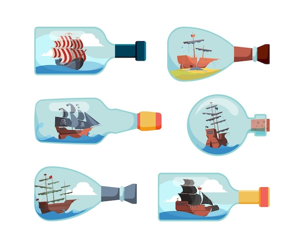 Enviar en botellas. botellas de recuerdos marinos decorativos barco ilustraciones vectoriales. colección de botella con barco, decoración de recuerdo transparente.