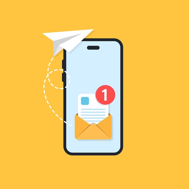 Enviar correo electrónico desde el teléfono inteligente icono en estilo plano Ilustración vectorial de plano de papel en fondo aislado Concepto de negocio de señal de transferencia de mensajes