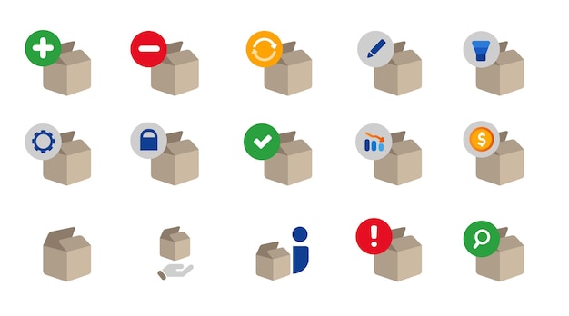 Envío de cajas de cartón embalaje logístico icono conjunto colección vector azul aislado