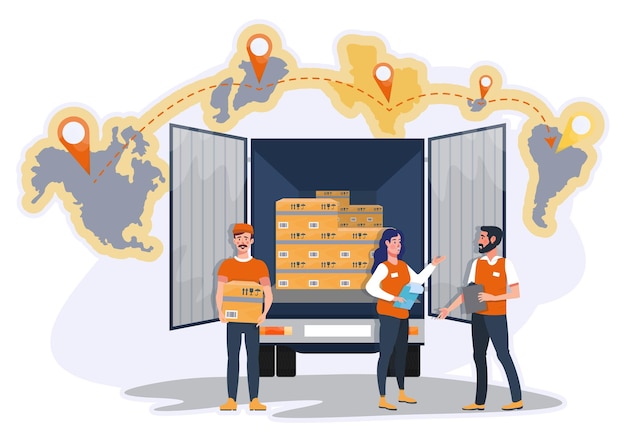 envío concepto de servicio de entrega en línea Logística Entrega rápida Camión con cajas Descarga Courier