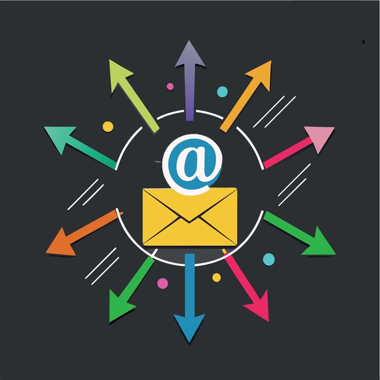 Vector envío de correo electrónico electrónico o concepto de boletín informativo flechas de varios colores que apuntan a la palabra email