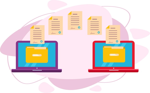 Envío de documentos a través de Internet. Transferencia de archivos. Dos portátiles con carpetas. Ilustración de vector plano.