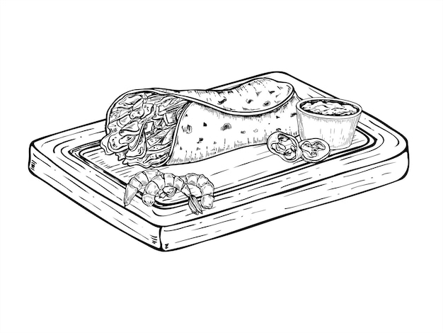 envoltura de tortilla con camarón chile pimientos y salsa en tablero de madera ilustración vectorial monocromática en blanco y negro para marca de alimentos mexicanos restaurantes de mariscos libros de recetas diseño de envases