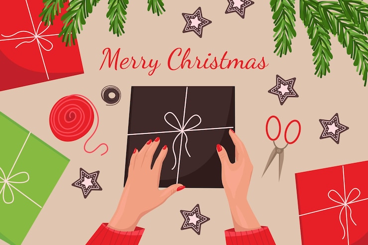 Vector envolviendo cajas de regalo para las vacaciones de navidad y año nuevo vista superior galletas de jengibre ramas de árboles de navidad regalos manos femeninas con manicura roja ilustración vectorial en estilo plano
