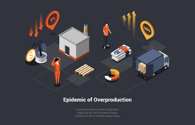 Vector epidemia de sobreproducción y crisis mundial mundial exceso de oferta de bienes en el mercado como consecuencia de la crisis económica aumento de la inflación y reducción del poder adquisitivo ilustración vectorial isométrica 3d