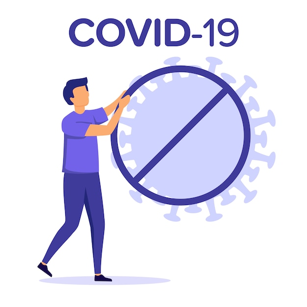 Epidemia de virus, concepto de pandemia global. Ilustración plana de colores morados modernos. Símbolo de coronavirus en círculo señal de stop aislado sobre fondo blanco Texto COVID-19.