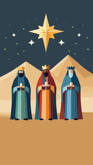 Epifanía Tres sabios bajo la estrella de Belén en el cielo estrellado en la noche del desierto con el monte