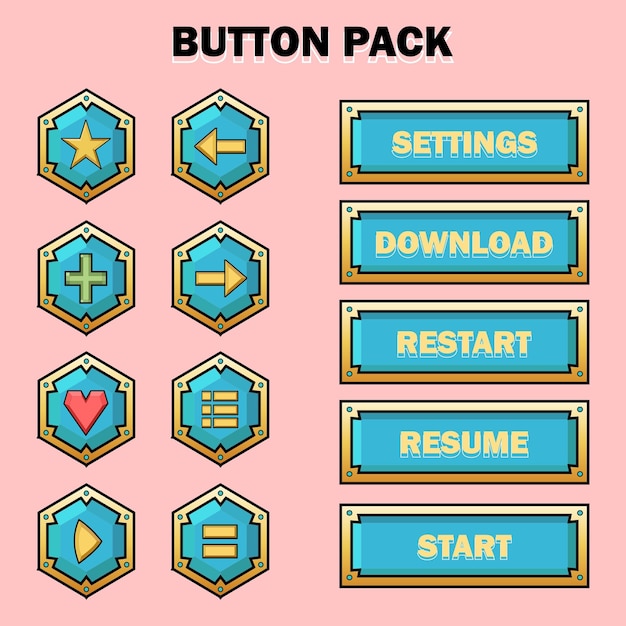 EPS Editable Vector Button Pack for Game UI Hexagon and Rectangular Buttons with Gold Trim