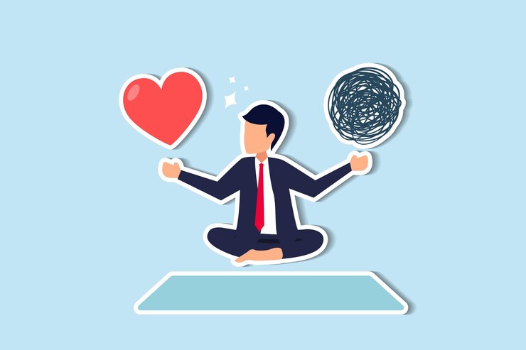 Vector equilibrar el enfoque en el trabajo y la salud mental para el manejo del estrés haciendo hincapié en la meditación del equilibrio entre la vida laboral