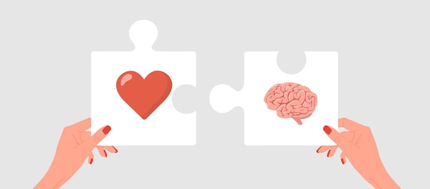 Equilibrio cerebro y corazón concepto de inteligencia emocional manos femeninas conectadas rompecabezas con el corazón y el cerebro humano conexión entre la mente y los sentimientos ilustración vectorial en estilo de dibujos animados plano