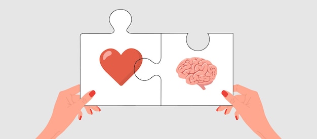 Equilibrio cerebro y corazón concepto de inteligencia emocional manos femeninas conectadas rompecabezas con el corazón y el cerebro humano conexión entre la mente y los sentimientos ilustración vectorial en estilo de dibujos animados plano