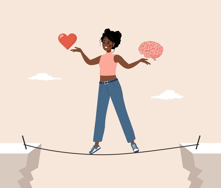 Vector equilibrio entre el cerebro y el corazón control del concepto de sentimiento y emoción