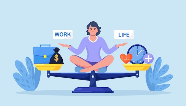 Equilibrio de vida y trabajo en escalas Mujer mantener la armonía elegir entre carrera y dinero versus salud y tiempo ocio o negocios Comparación estrés y vida saludable amor familiar versus trabajo