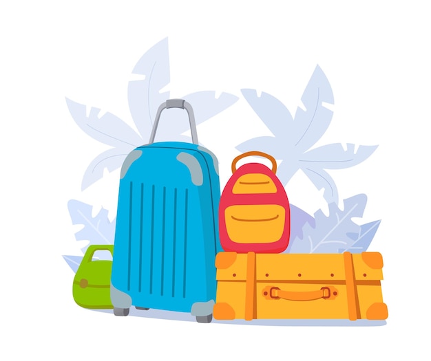 Equipaje y bolsos. Bolso de mano para equipaje de viaje. Maletas de viaje. Viaje de vacaciones con palmeras.